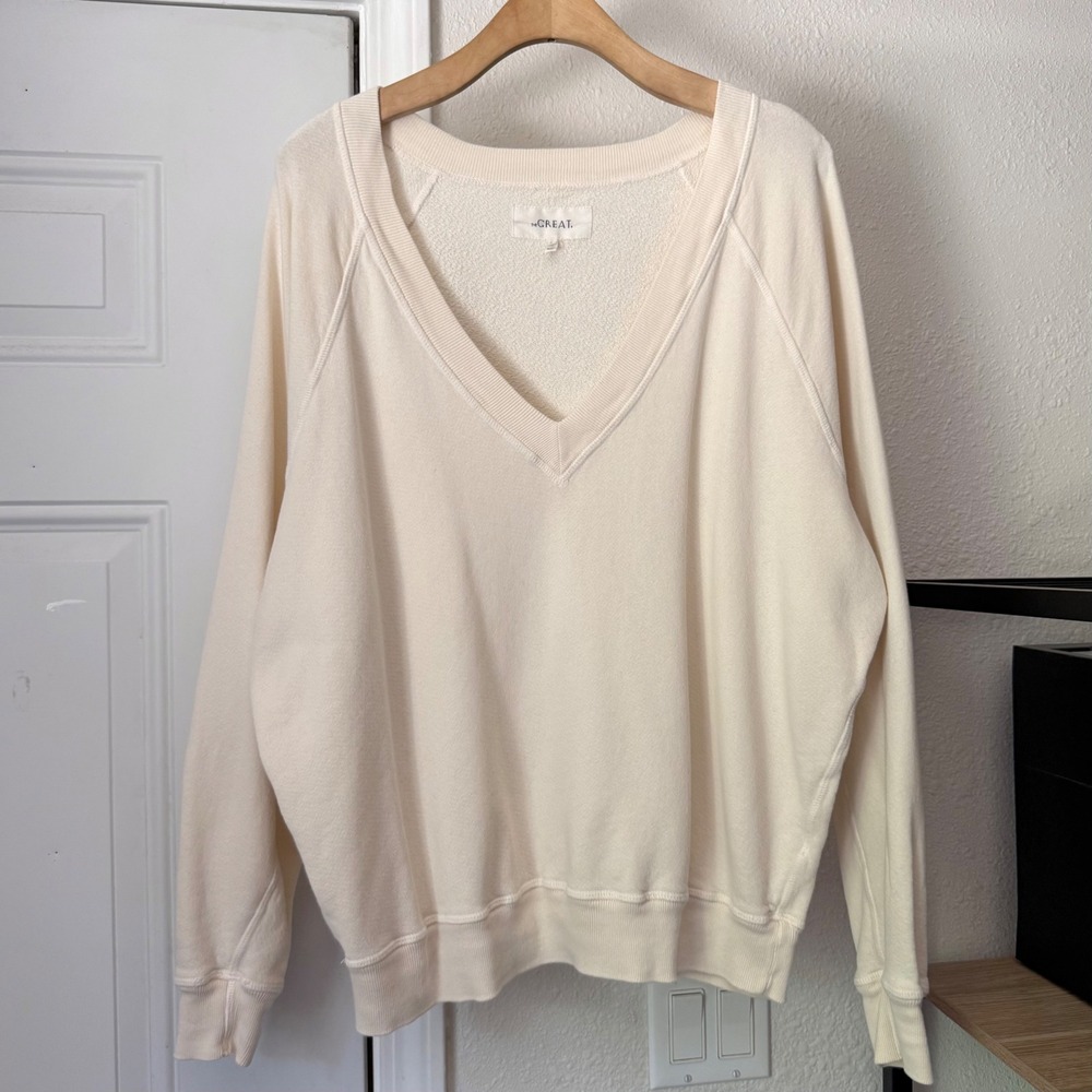 THE GREAT.‎ cream ivory cotton terry v-neck oversized raglan pullover sweater